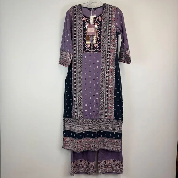 Juniper‎ Rabari Purple Cotton Kurta Pant Set Mirror Work Embroidery Small NWT