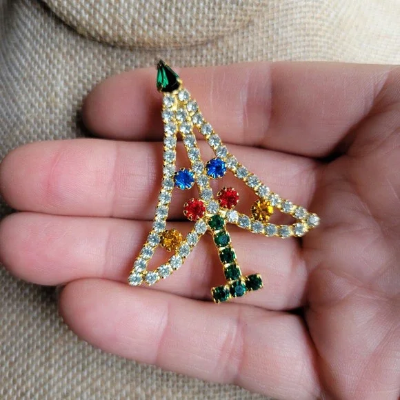 Vintage‎ 70s Christmas Tree Brooch Colorful Rhinestones Mod MCM Giftable