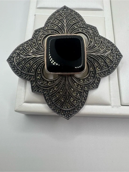 Judith Jack Vintage Sterling Silver Marcasite & Black Onyx Art Deco Brooch