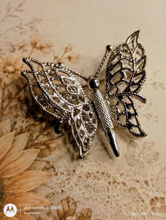 Vintage Monet Silver Tone Filigree Butterfly Brooch