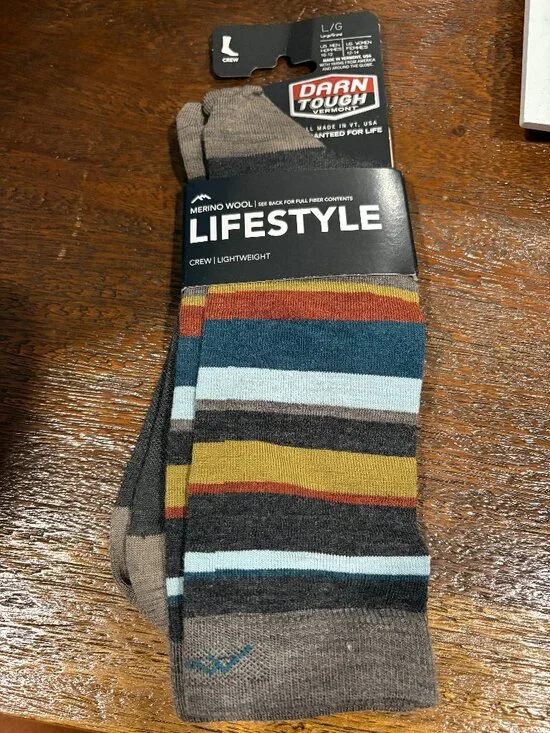 Darn Tough Crew Lifestyle Merino Wool Socks sz Large L Gray Striped Lightweight
