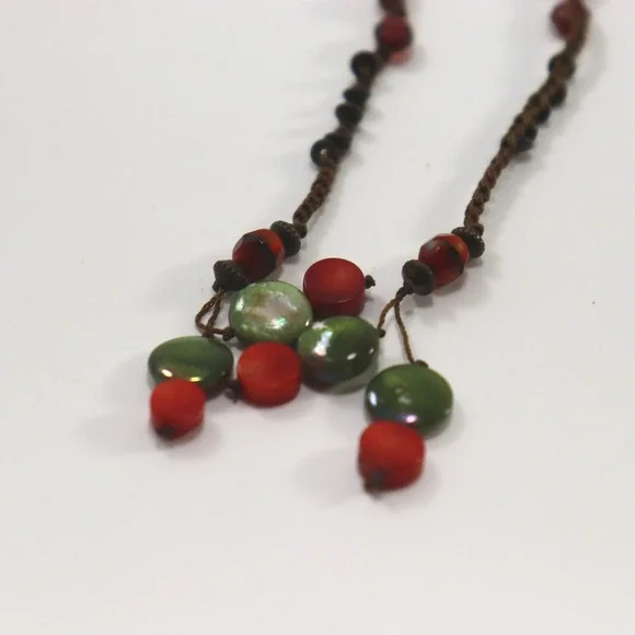 Unbranded Beaded Jewelry Set Women OS Red Green Artisan Boho‎ Necklace Earrings