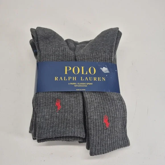 Polo Ralph Lauren 6 Pairs Classic Sport Socks Sock Size: 10-13 Gray/Red