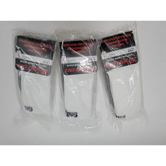 Snap-on 3 Pack Men White Cotton Crew Socks Large Shoe Size 7-12 Made in USA