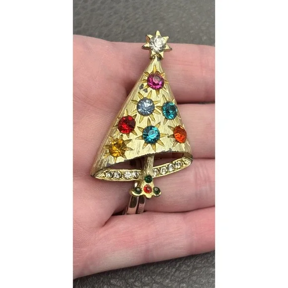 Vintage Christmas Tree Brooch MCM Modernist Multicolor Rhinestone Gold Tone