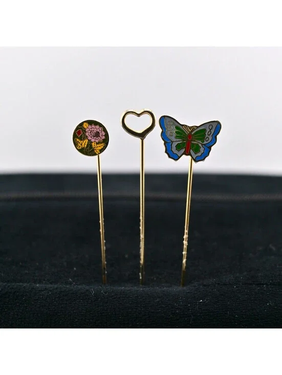 Vintage Butterfly,Hearth,Flower Lapel Stick Pin Gold Tone Brooch Lot of 3