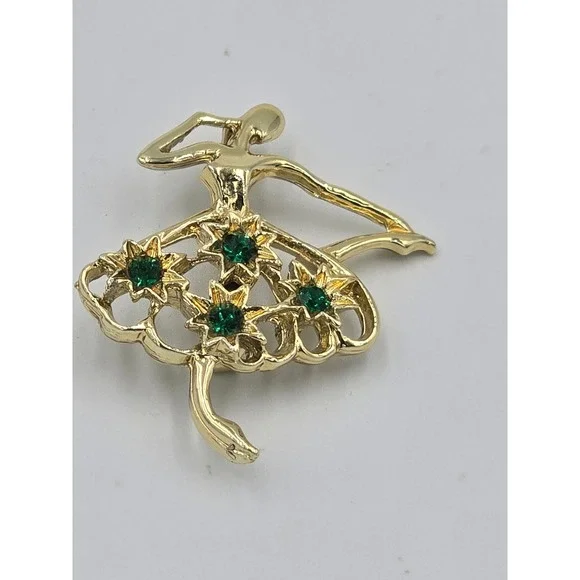Vintage Gerry's Signed Ballerina Brooch Pin - Gold Tone & Green Rhinestones