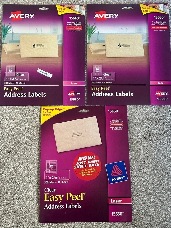 Avery 15660 Clear Easy Peel Laser Address Labels Lot of 3 (2 New/Sealed 1 Open)