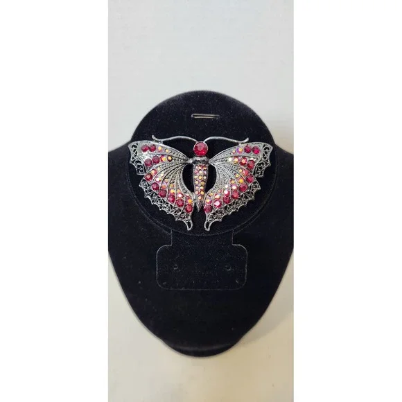 Butterfly Ruby Red Aurora Borealis Rhinestone Brooch‎ Silvertone Statement 3
