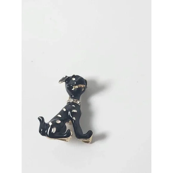 Black and Gold Enamel Dog Brooch with Crystals on Collar