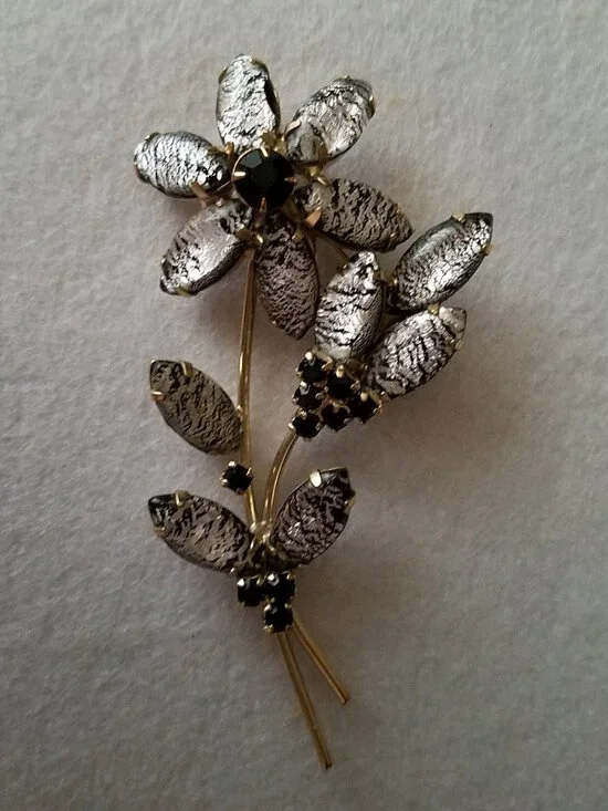 Vintage Black Foil Glass and Black Rhinestone Floral Brooch