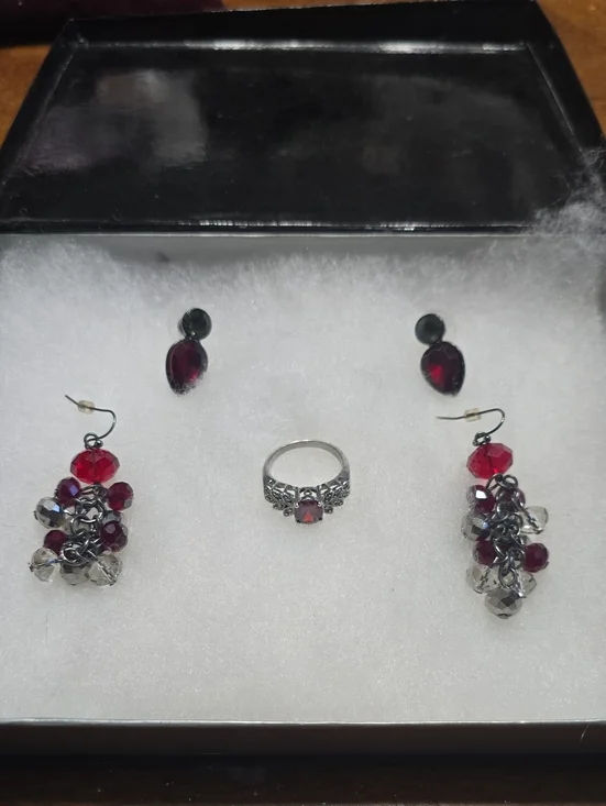Red Crystal Cluster Earrings and Ring Set - Elegant Women's Jewelry Size 8