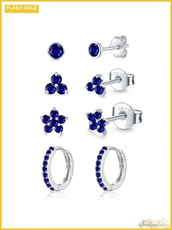 Sterling Silver Stud Earrings Set for Women, Hypoallergenic 4 Pairs, Cubic