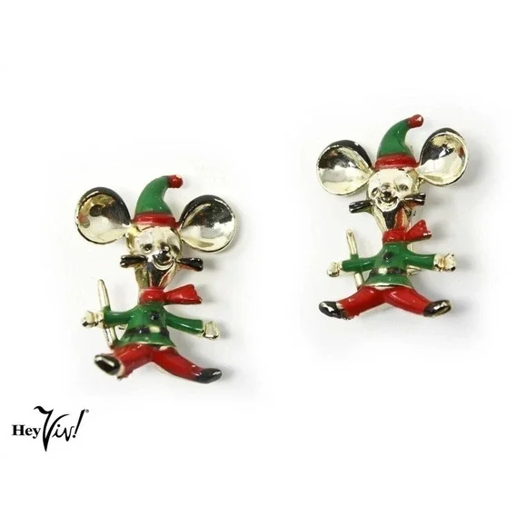 Two Vintage BJ Signed Santa Mouse Pins Christmas Holiday Cute Gift 1.5