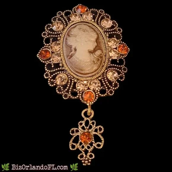Modern Victorian Revival Cameo Brooch Gold Tone Amber Rhinestone Dangle Pin