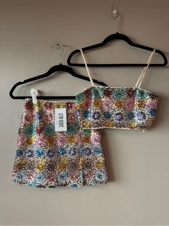 12th Tribe NWT Genevieve Multi Sequin Crop Top and Mini Skirt Set Size XS