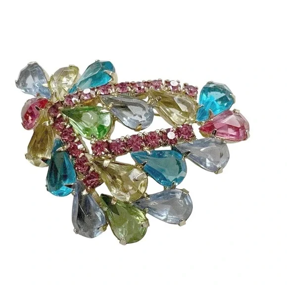 Vintage Rhinestone Brooch Multi Color Teardrop‎ Crystal Pin Jewelry Gift