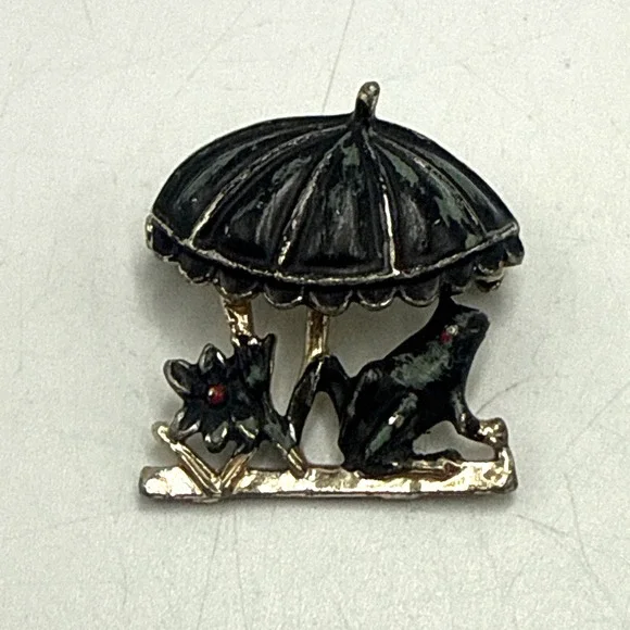 Vintage Frog Under‎ Umbrella Brooch Silver Tone Black Enamel Animal Pin