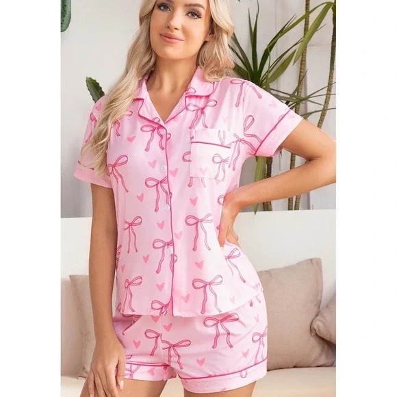 NIB Pink Bow and Heart Print Satin Pajama Set Short Sleeve Button Down Shorts S