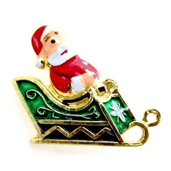 Vintage Santa Clause On His Sleigh‎ Small Christmas Xmas Enamel Pin Brooch