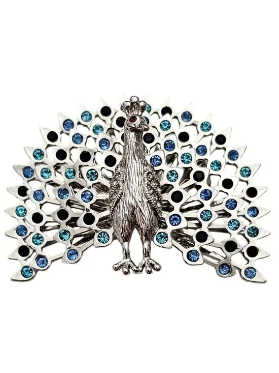 Peacock Brooch Blue Teal, Black Rhinestone Pin L574
