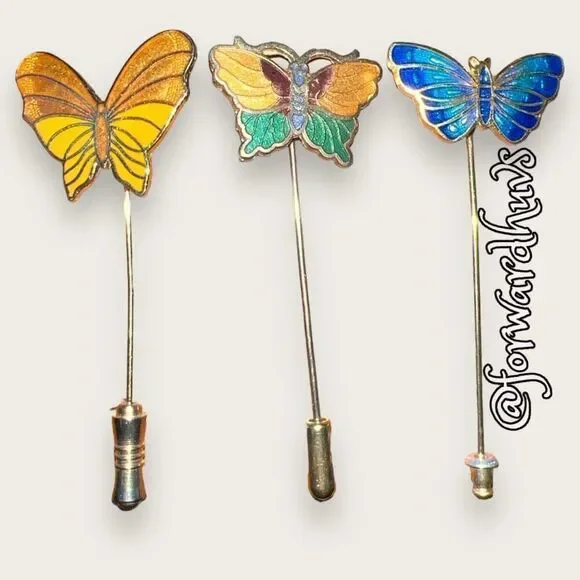 Three (3) Vintage Butterfly Stick Pins / Hat Pins - (1 ) Napier