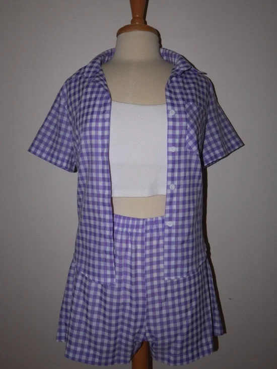3-Piece Purple Checkered Button-Down Shirt, Shorts, and Tank Top Set