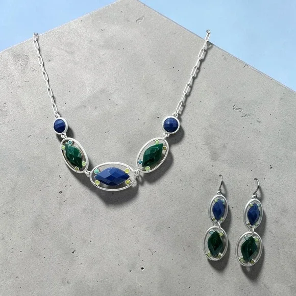 Xiomara Castro Silver Tone Navy Green Faceted Stone Necklace & Earring Set