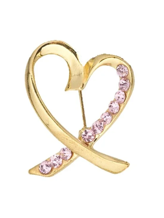 Gold 14K Plated Modern Pink Ribbon Egyptian Crystal Open Heart Lapel Pin Brooch
