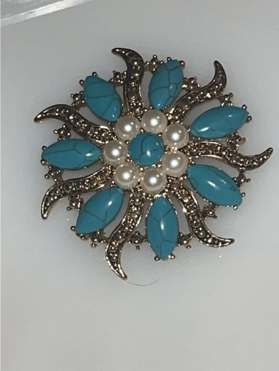 Vintage MONET Turquoise & Faux Pearl Statement Brooch Pin 2”