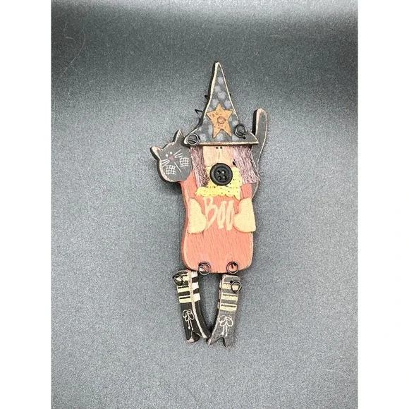 Wooden Witch Cat Halloween Brooch Pin Festive‎ Spooky Boo Witchcore Folk Art Vtg