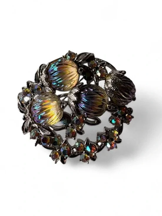 Vintage Mid Century Iridescent Aurora Borealis Oil Spill Floral Thistle Brooch
