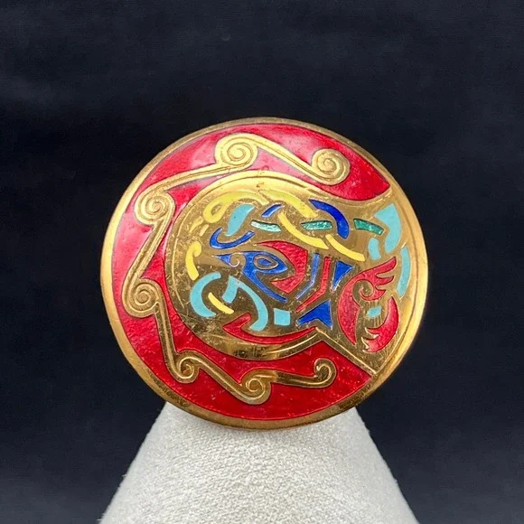 Vintage Celtic Brooch Red Gold Multicolor Enamel Knotwork‎ Irish
