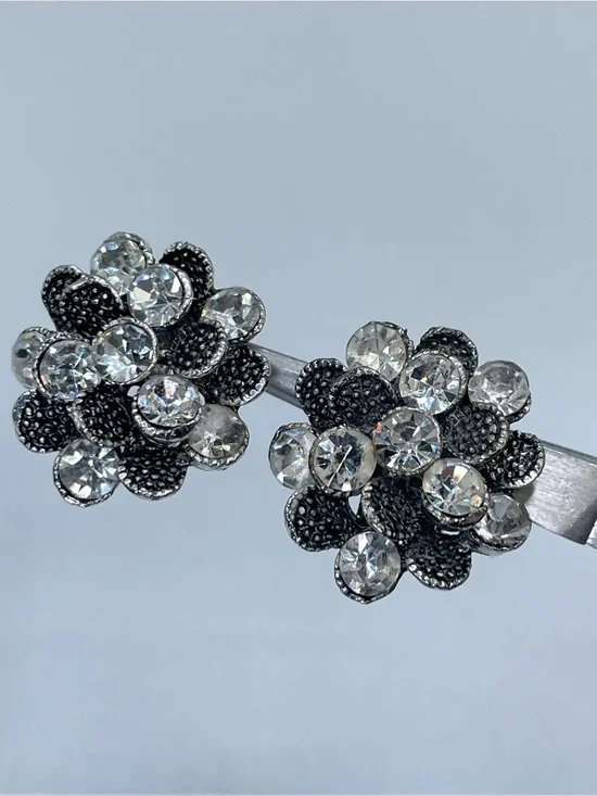 Silver Tone White Crystal Glass Rhinestone Floral Clip On Statement Earrings