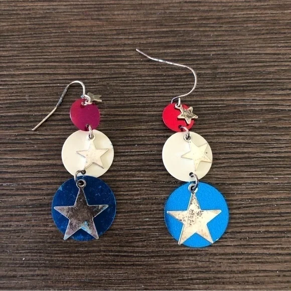 Red, White, and blue sliver metal 4th of July dangle fishhook earrings
