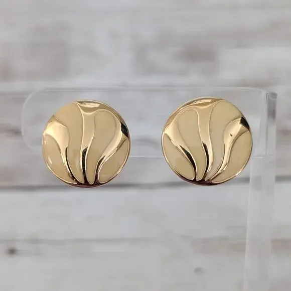 Vintage Clip On Earrings Retro Circle Cream & Gold Tone 0.75