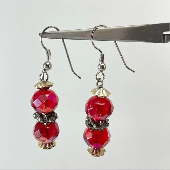 Red Glass Beaded Dangle Earrings 2” Faceted Silver Tone Elegant Sparkle