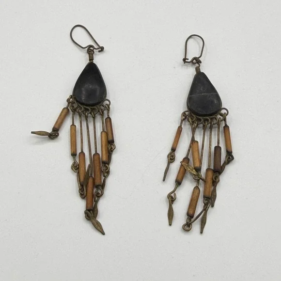 Black Teardrop Wood Bead Brass Tone Chandelier Dangle Boho Earrings Pierced Gift