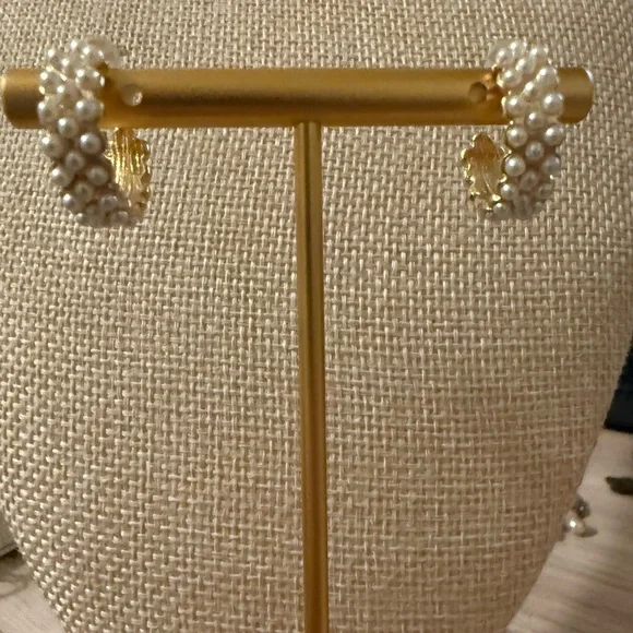 Gold Faux Pearl Triple Row Hoop Earrings C-Shaped Post‎ Back Classic Jewelry