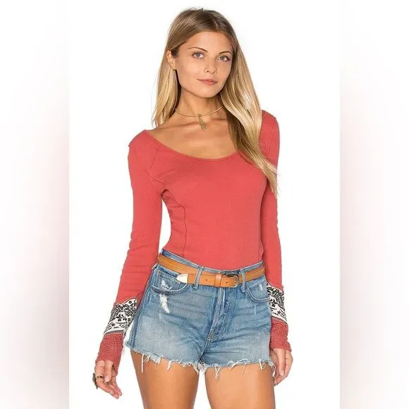 Free People Bandana Cuff Thermal Top in Red XS