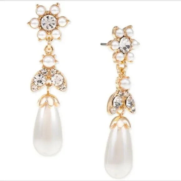 NWT Charter Club Gold-Tone Crystal & Imitation Pearl Flower Drop Earrings