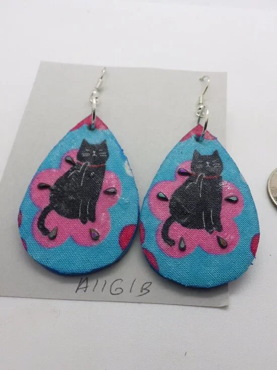 Handcrafted from Wood & Fabric Black Cat Earrings 902G1