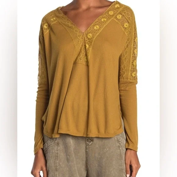 Free People Women's Lola Long-Sleeve Blouse, Mustard Yellow‎ Boho Lace Trim