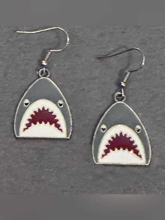 Women’s Shark Dangle Earrings in Gray & Red