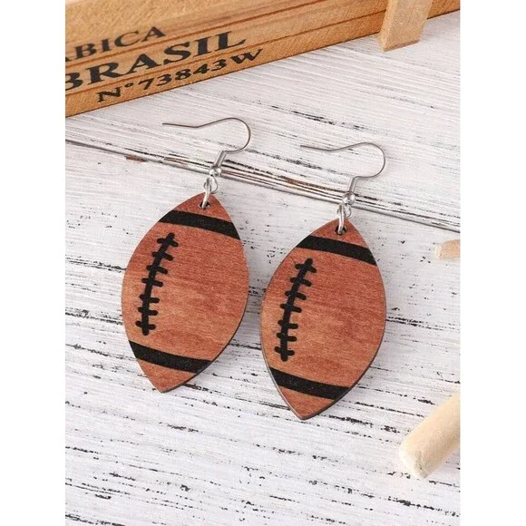 For Keeps Wooden Football Earrings Brand New On Card In Packaging