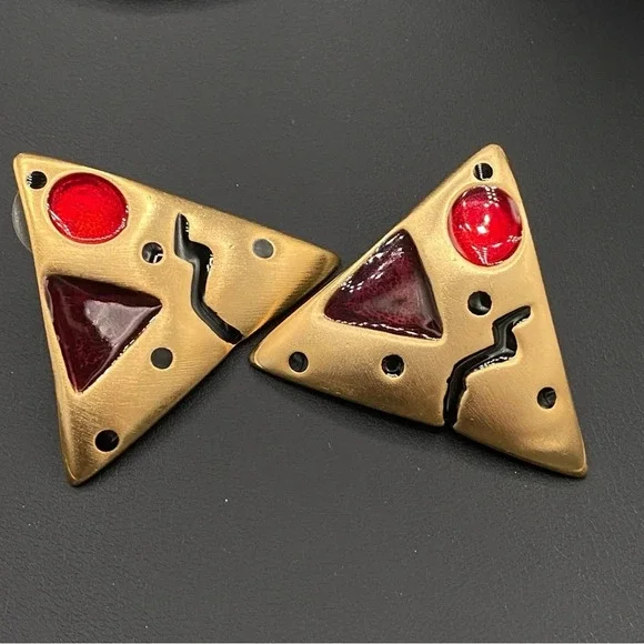 Retro 80s Glam Statement Earrings - Abstract Gold Plated Vintage Earrings