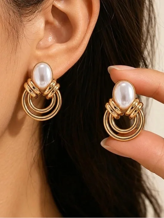 Anthropologie Gold Hoop Drop Earrings with White Pearl Cabochon