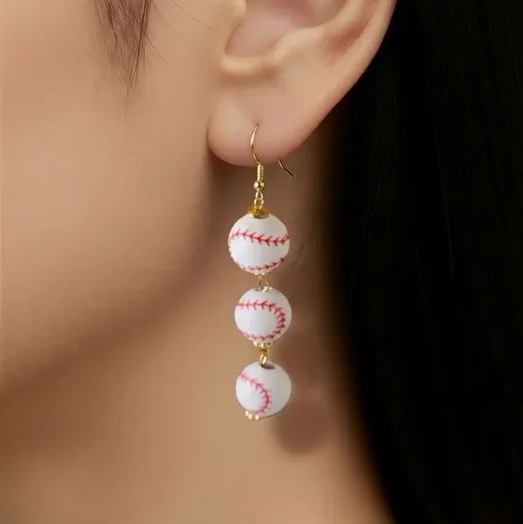 Triple Baseball Dangle Earrings White Wood Red Stitch Ball Sports Fan Jewelry