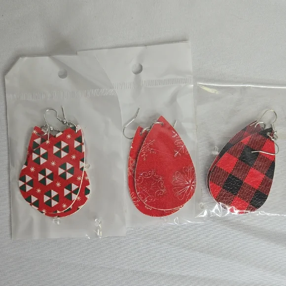Faux Leather‎ Holiday Cut Out Teardrop Earrings, 3 Pairs, New