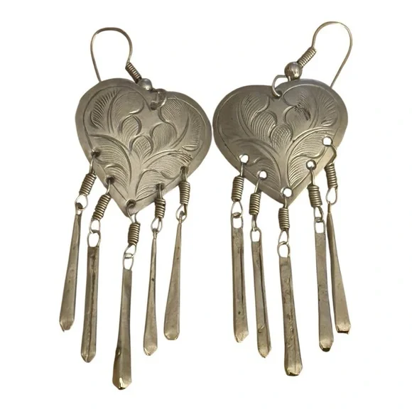 Vintage ATQ Etched Hearts Silver Earrings Dangle Jewelry Boho Bohemian Bar Party